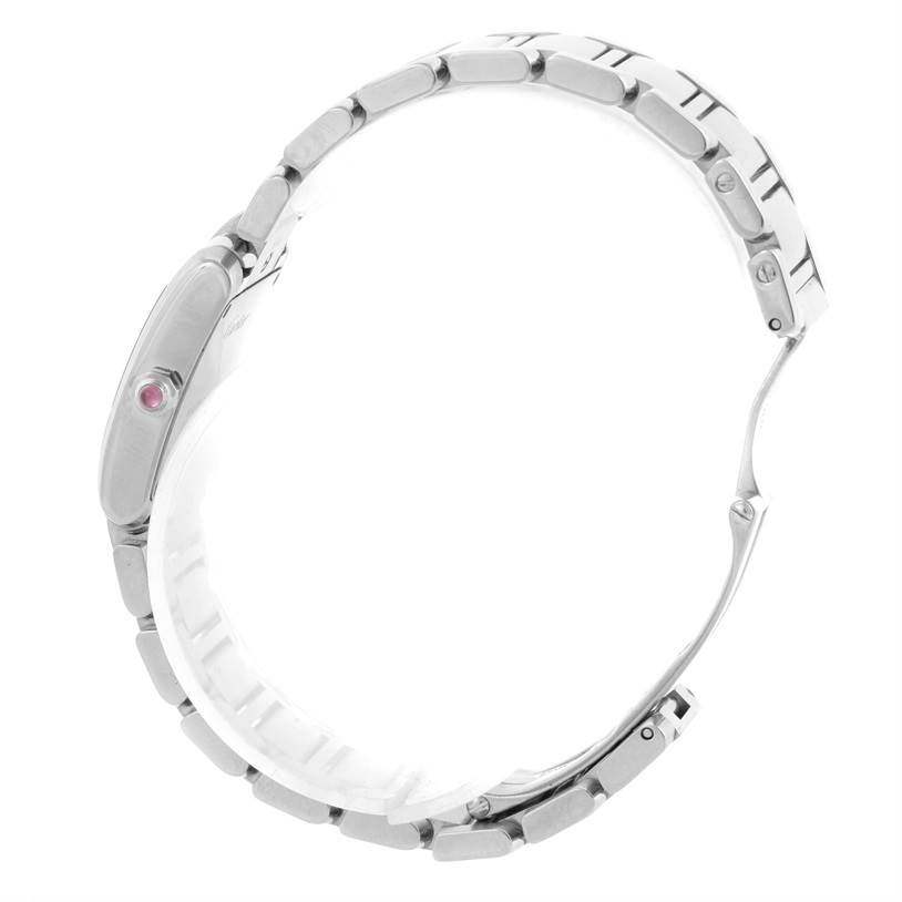 This image shows a side view of the Cartier Tank Francaise W51028Q3 Women's Stainless Steel Mother of Pearl Dial W51028Q3 Women's Stainless Steel Mother of Pearl Dial watch, highlighting its stainless steel bracelet and crown.