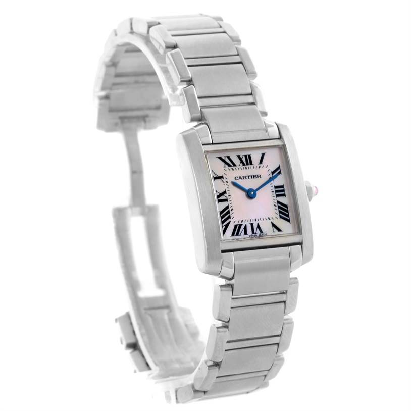 This image shows a Cartier Tank Francaise W51028Q3 Women's Stainless Steel Mother of Pearl Dial W51028Q3 Women's Stainless Steel Mother of Pearl Dial watch from a slightly angled front view, displaying the face, band, and part of the clasp.
