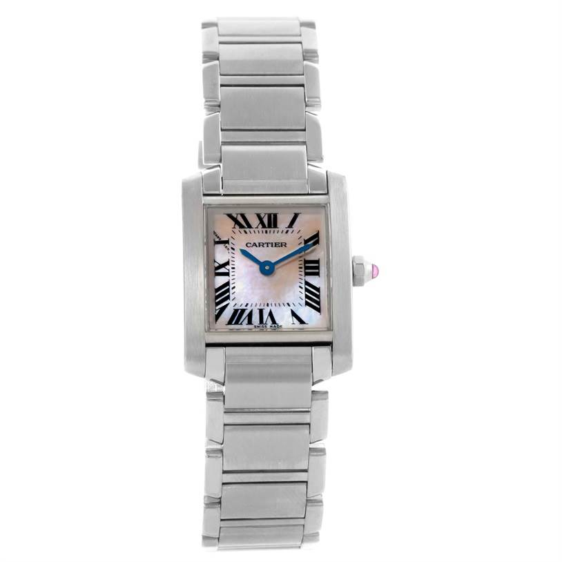 The image shows a Cartier Tank Francaise W51028Q3 Women's Stainless Steel Mother of Pearl Dial W51028Q3 Women's Stainless Steel Mother of Pearl Dial watch from a frontal angle, displaying its face, bezel, and part of the bracelet.