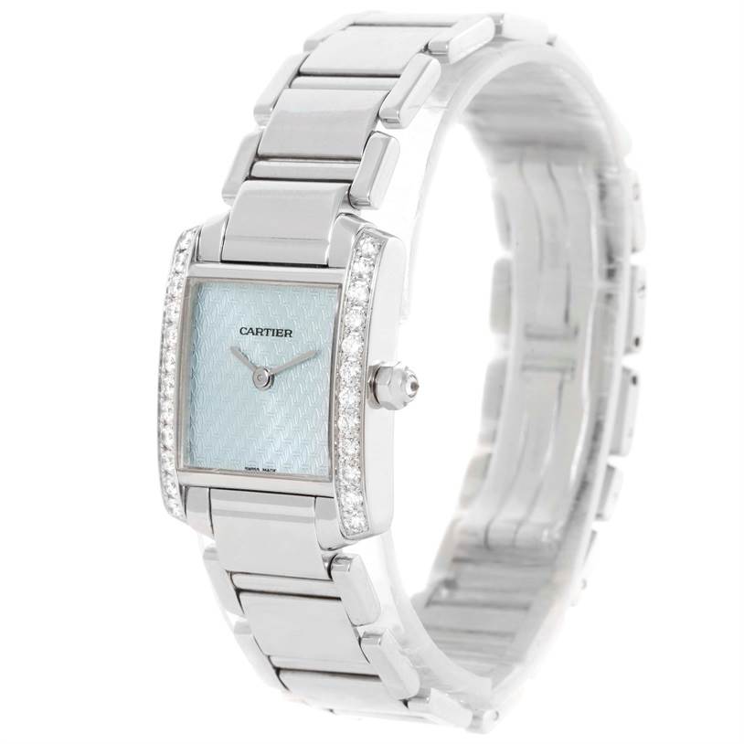 The image shows a Cartier Tank Francaise WE1002S3 Women's White Gold Blue Dial WE1002S3 Women's White Gold Blue Dial watch, highlighting its bracelet and diamond-set rectangular case from a front angle.