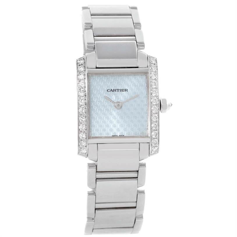 This image shows a full frontal view of a Cartier Tank Française watch, including its rectangular face and metal bracelet.