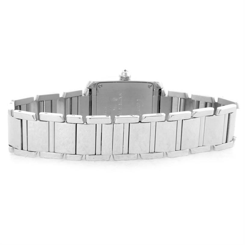The image shows the back side and bracelet of the Cartier Tank Francaise WE1002S3 Women's White Gold Blue Dial WE1002S3 Women's White Gold Blue Dial watch.