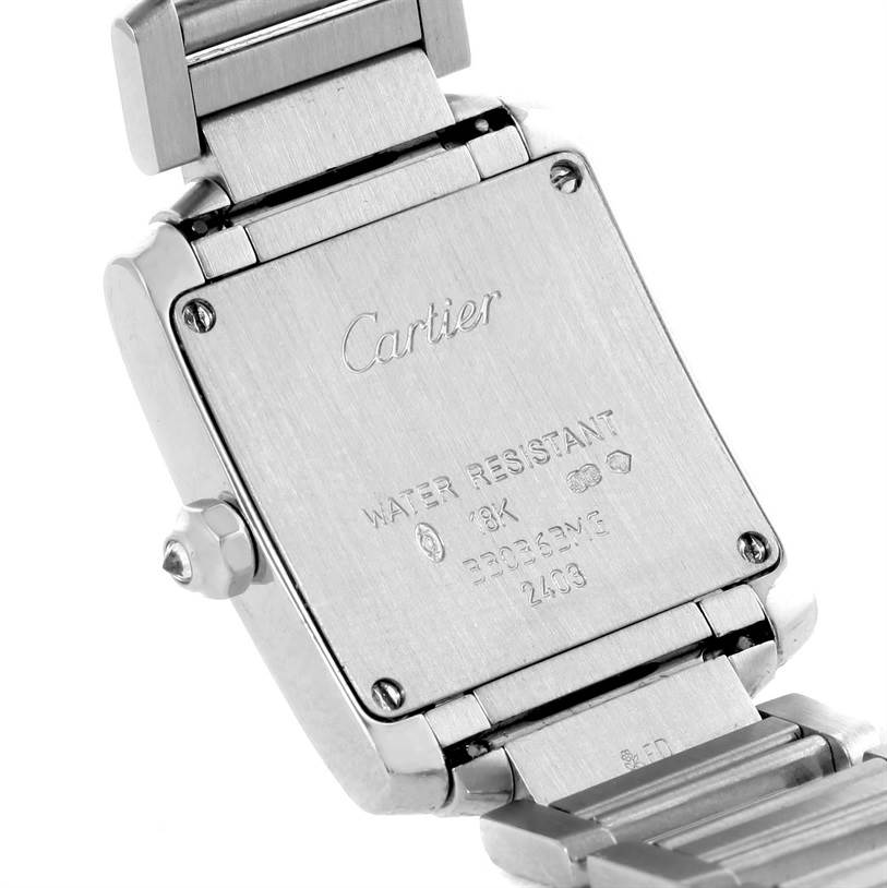 The image shows the back case and bracelet of a Cartier Tank Francaise WE1002S3 Women's White Gold Blue Dial WE1002S3 Women's White Gold Blue Dial watch.