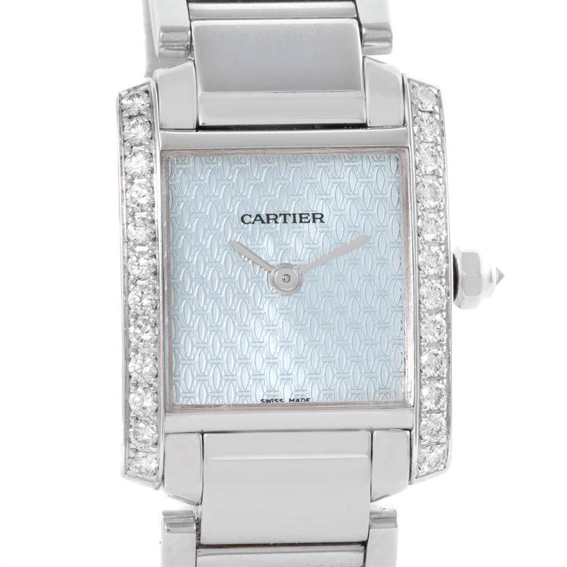The image shows a front view of the Cartier Tank Française watch, highlighting its dial, bezel, and part of the bracelet.