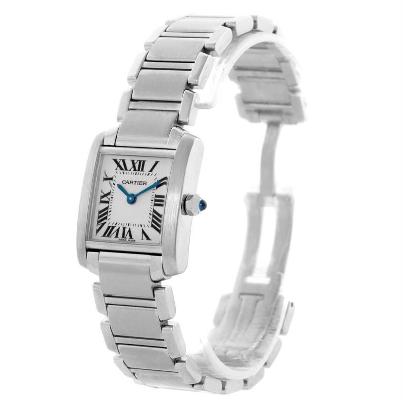 The image shows a Cartier Tank Francaise W51008Q3 Women's Stainless Steel Silver Dial W51008Q3 Women's Stainless Steel Silver Dial watch at a slight angle, highlighting the watch face, bracelet, and crown with a blue gem.