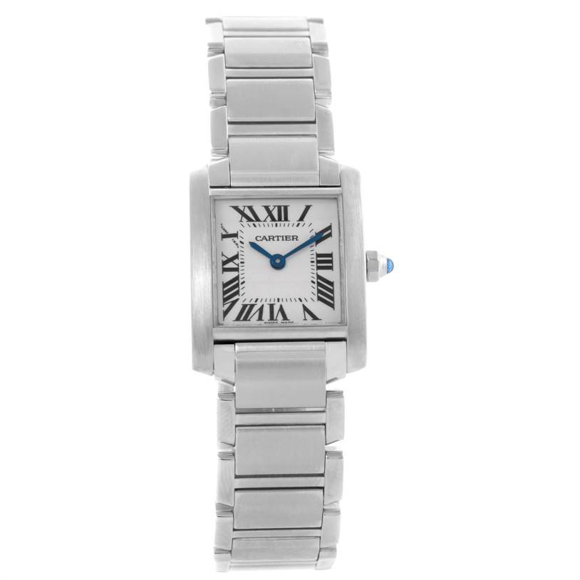 The image shows a front view of the Cartier Tank Francaise W51008Q3 Women's Stainless Steel Silver Dial W51008Q3 Women's Stainless Steel Silver Dial watch, highlighting the case, dial, and bracelet.