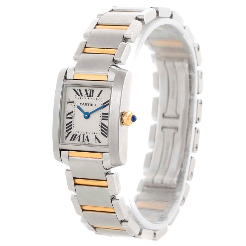The Cartier Tank Française watch is shown at a slight angle, displaying the face, bezel, crown, and bracelet.