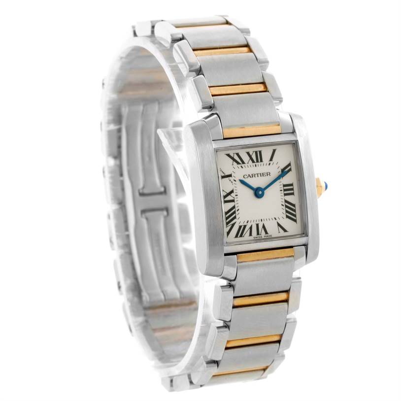 This image shows a Cartier Tank Francaise W51007Q4 Women's Steel and Gold (two tone) Silver Dial W51007Q4 Women's Steel and Gold (two tone) Silver Dial watch from a side angle, highlighting its rectangular face, Roman numerals, and metal strap with gold accents.