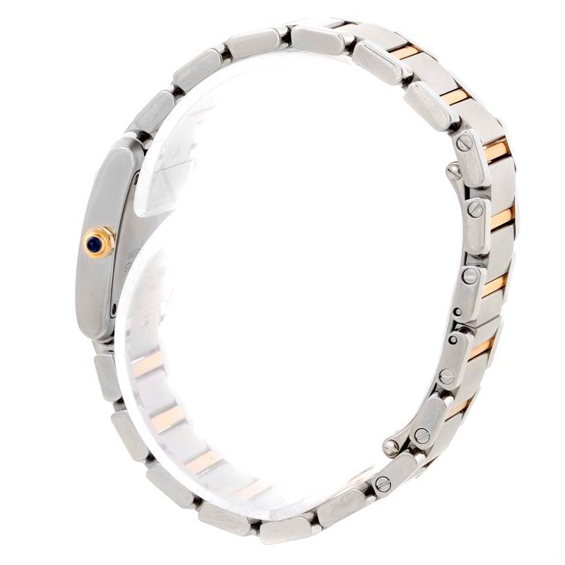 The image shows a side angle of the Tank Francaise watch by Cartier, highlighting the band and side profile of the case.