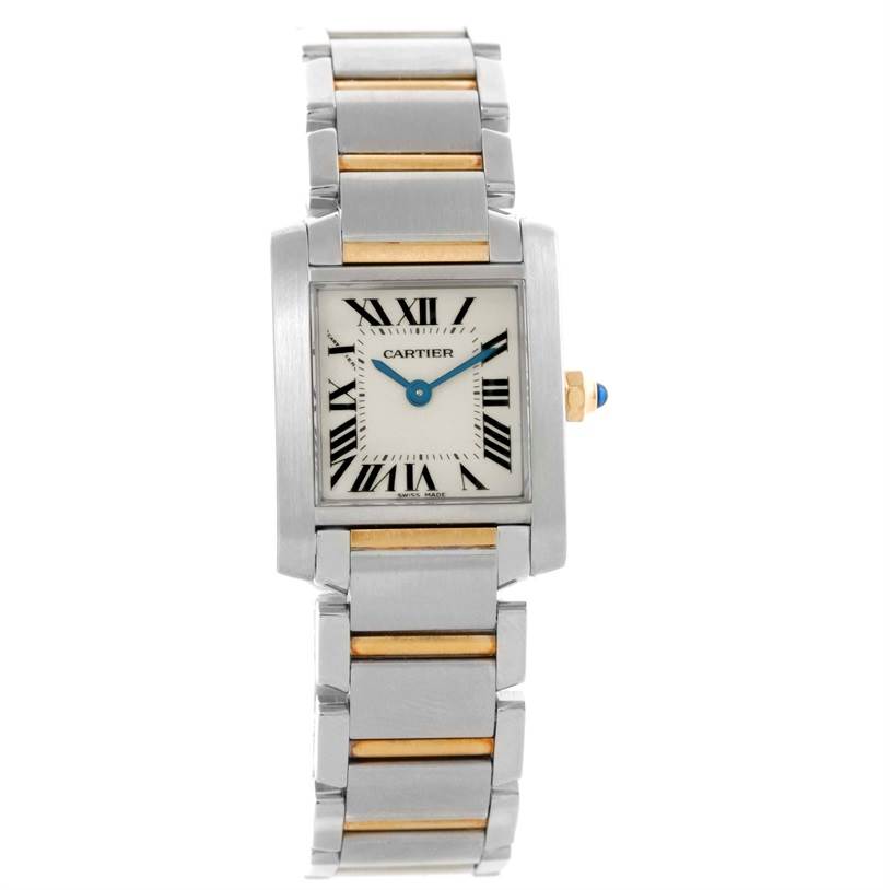 The image shows a front view of a Cartier Tank Francaise W51007Q4 Women's Steel and Gold (two tone) Silver Dial W51007Q4 Women's Steel and Gold (two tone) Silver Dial watch, displaying the face, bezel, and bracelet.