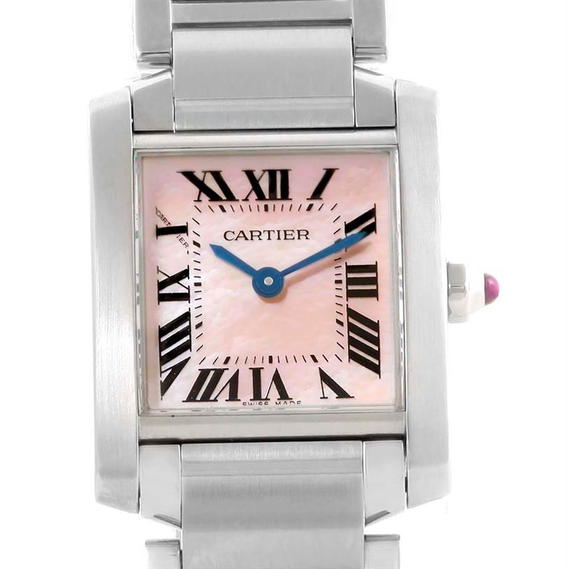 The image shows a close-up front angle of a Cartier Tank Francaise W51028Q3 Women's Stainless Steel Mother of Pearl Dial W51028Q3 Women's Stainless Steel Mother of Pearl Dial watch face and part of the bracelet.