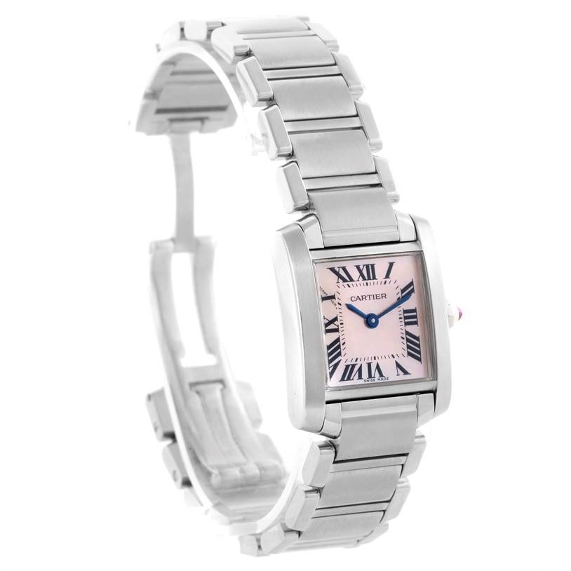 The Cartier Tank Francaise W51028Q3 Women's Stainless Steel Mother of Pearl Dial W51028Q3 Women's Stainless Steel Mother of Pearl Dial watch is shown at an angle highlighting the rectangular face and metal bracelet.
