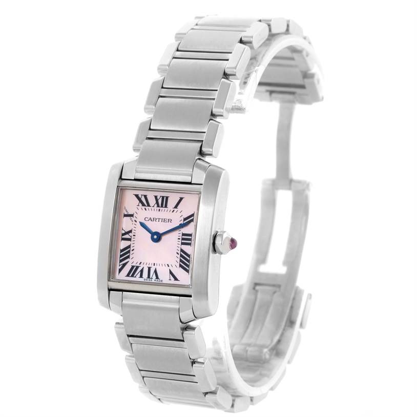 The image shows a Tank Française watch by Cartier, highlighting its face, bracelet, and partially open clasp, viewed at an angled perspective.