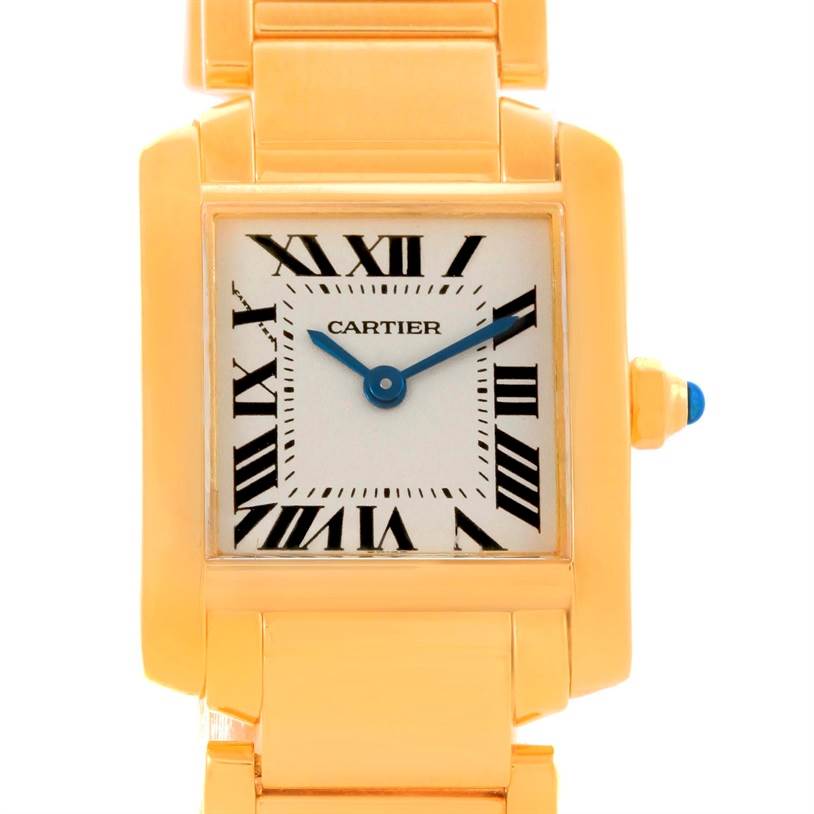 This image shows a front view of the Cartier Tank Francaise W50002N2 Women's Yellow Gold Silver Dial W50002N2 Women's Yellow Gold Silver Dial watch, focusing on its face, Roman numerals, and part of the bracelet.
