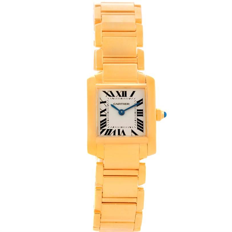 The image shows a Cartier Tank Francaise W50002N2 Women's Yellow Gold Silver Dial W50002N2 Women's Yellow Gold Silver Dial watch from a frontal view, featuring its rectangular dial and gold bracelet.