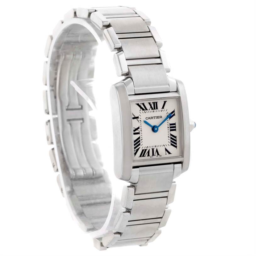 The image shows a Cartier Tank Francaise W51008Q3 Women's Stainless Steel Silver Dial W51008Q3 Women's Stainless Steel Silver Dial watch at a three-quarter angle, highlighting its stainless steel bracelet and rectangular face.