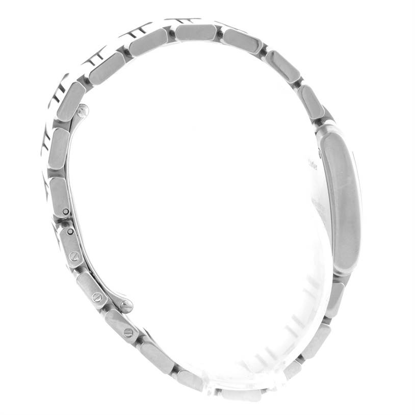 The image shows a side view of a Tank Française watch by Cartier, highlighting the bracelet links and clasp.