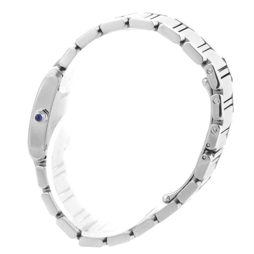 Side view of a Cartier Tank Francaise W51008Q3 Women's Stainless Steel Silver Dial W51008Q3 Women's Stainless Steel Silver Dial watch showing the bracelet and the crown with a blue cabochon gemstone.