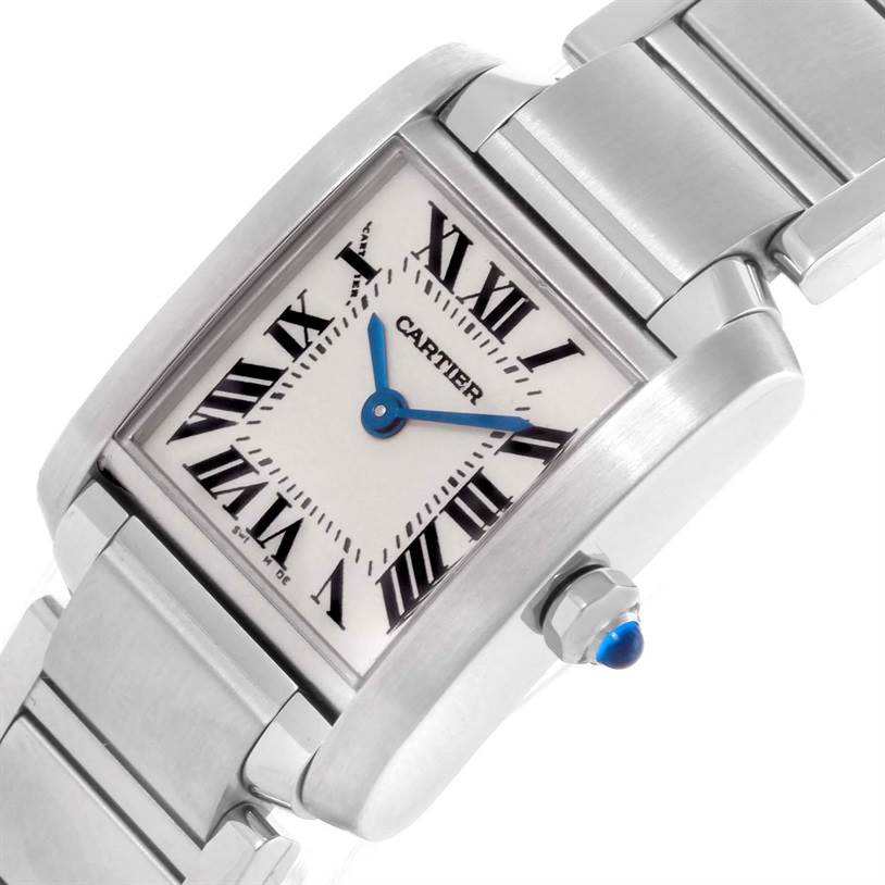 The image shows a close-up of a Cartier Tank Française watch at an angle, highlighting the dial, Roman numerals, hands, and part of the bracelet.
