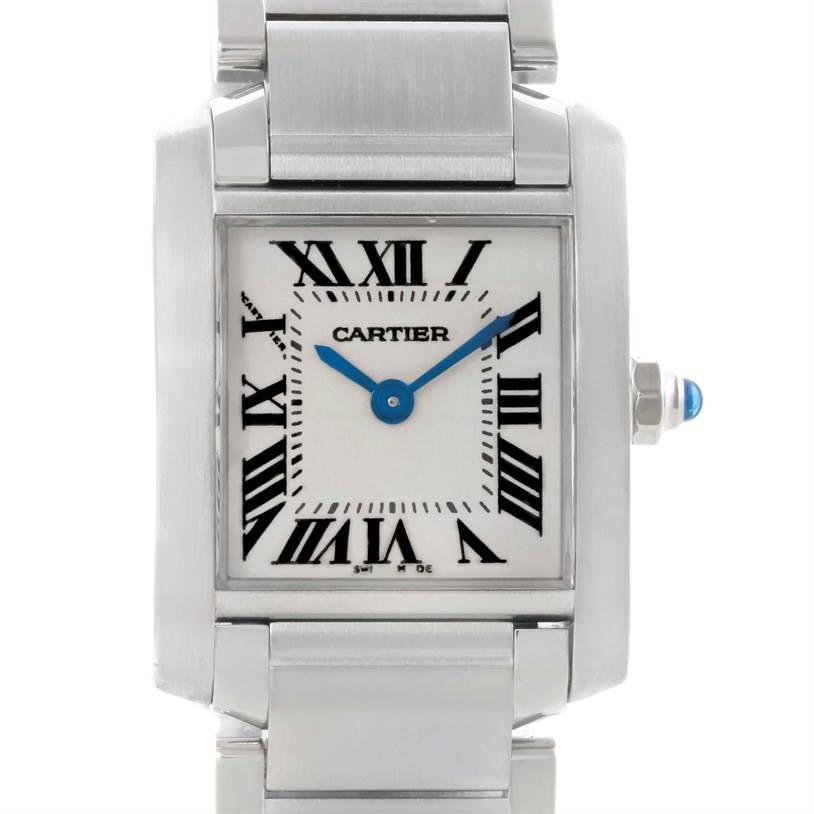 The image shows a frontal view of the Cartier Tank Francaise W51008Q3 Women's Stainless Steel Silver Dial W51008Q3 Women's Stainless Steel Silver Dial watch, highlighting its dial, blue hands, and portions of its metal bracelet.