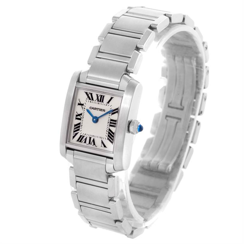 The Cartier Tank Francaise W51008Q3 Women's Stainless Steel Silver Dial W51008Q3 Women's Stainless Steel Silver Dial watch is shown from a three-quarter angle displaying the face, bezel, and bracelet.