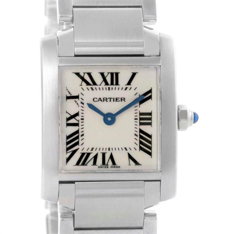 The image shows a Cartier Tank Francaise W51008Q3 Women's Stainless Steel Silver Dial W51008Q3 Women's Stainless Steel Silver Dial watch face and part of its bracelet from the front.