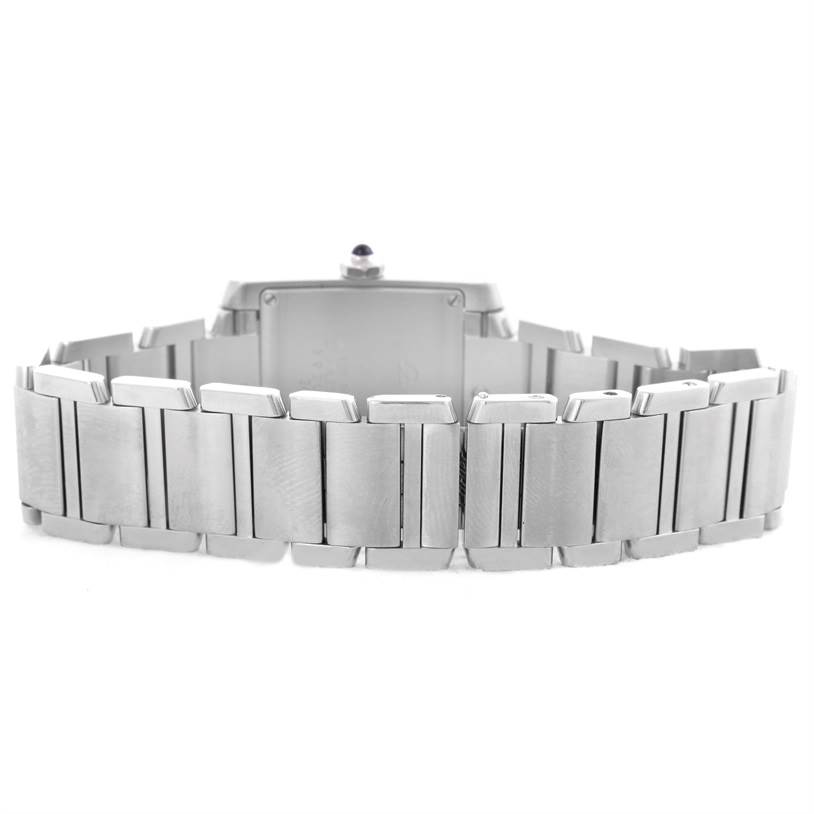 The image shows the back and bracelet of a Cartier Tank Francaise W51011Q3 Women's Stainless Steel White Dial W51011Q3 Women's Stainless Steel White Dial watch.
