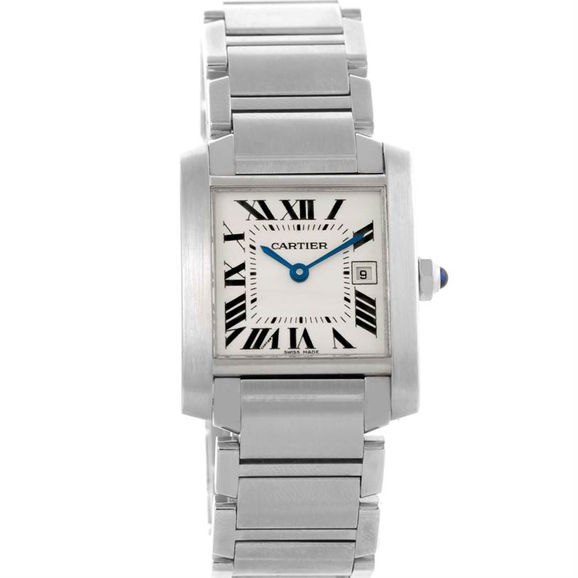 This Cartier Tank Française watch is shown from a front angle, displaying its square dial, Roman numerals, and stainless steel bracelet.