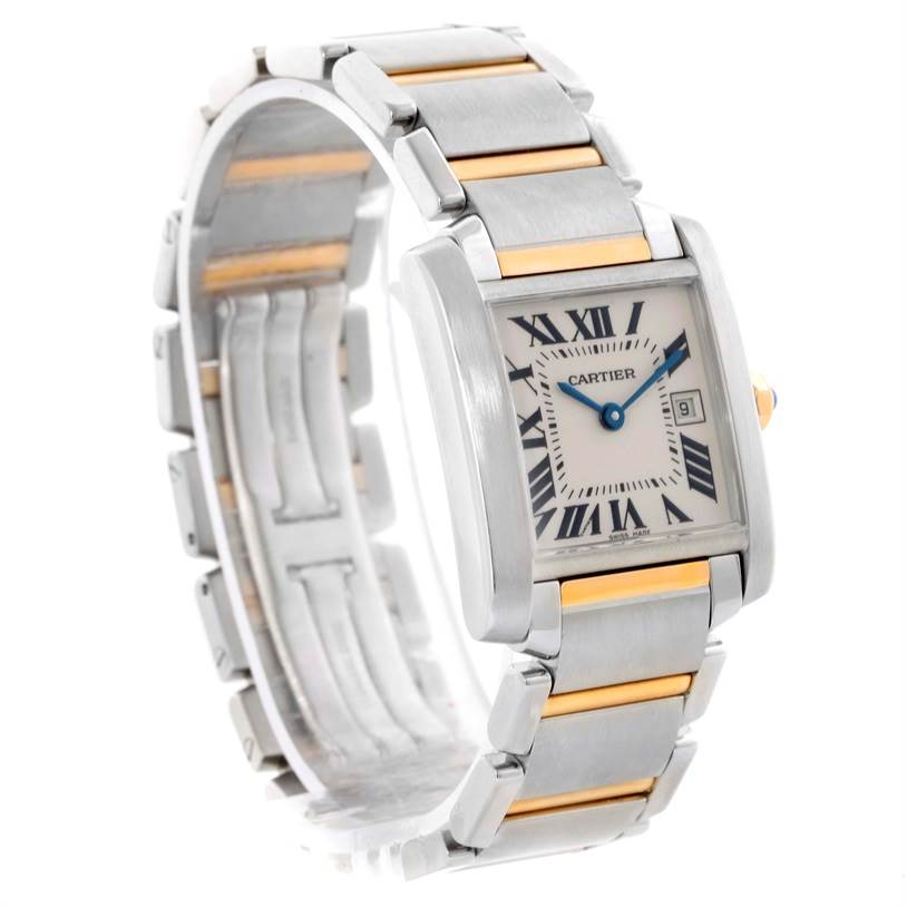 The image shows a side angle of the Cartier Tank Francaise W51012Q4 Women's Steel and Gold (two tone) Silver Dial W51012Q4 Women's Steel and Gold (two tone) Silver Dial watch, highlighting its rectangular dial and metal bracelet with gold accents.