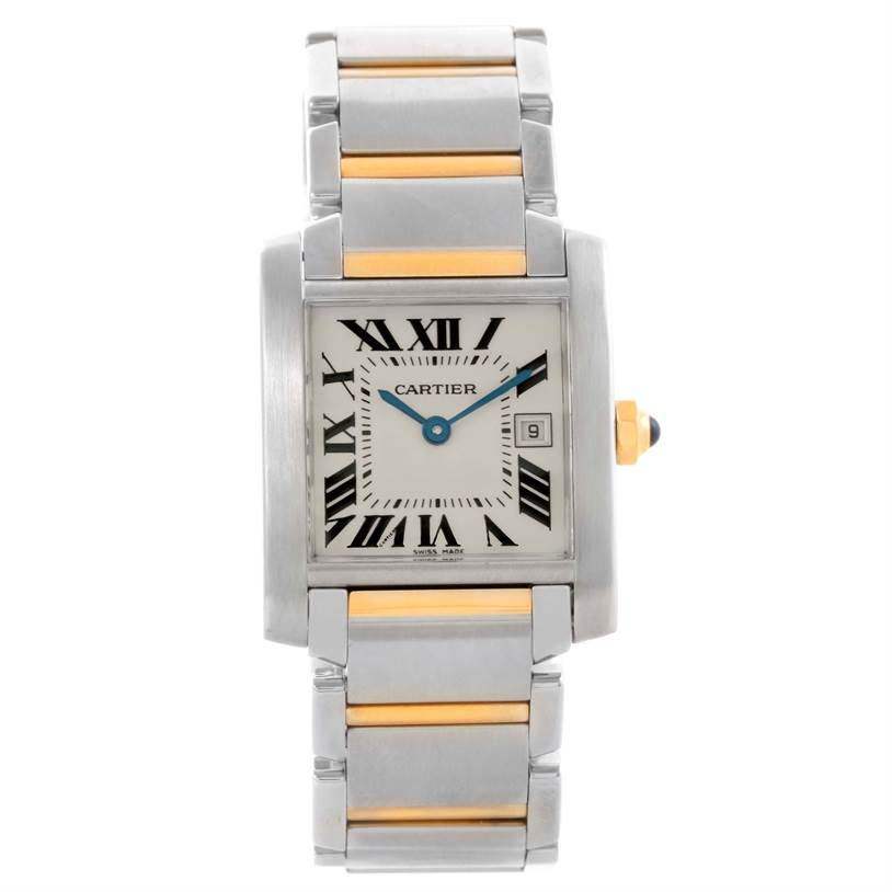 The image shows a Cartier Tank Francaise W51012Q4 Women's Steel and Gold (two tone) Silver Dial W51012Q4 Women's Steel and Gold (two tone) Silver Dial watch from a front view, displaying its face, hands, bracelet, and crown.