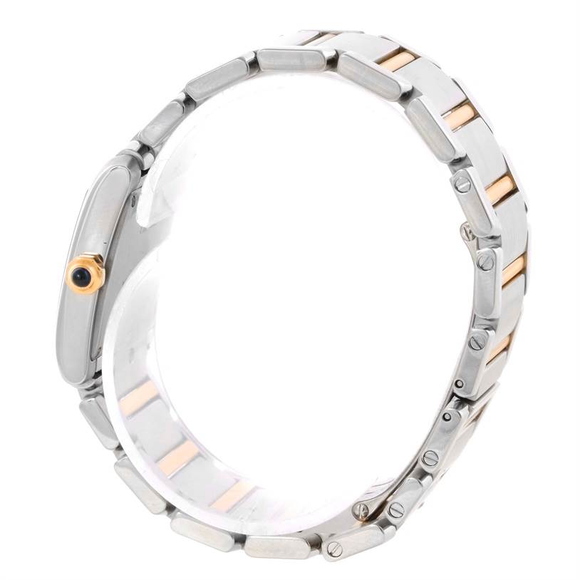 The image shows a side view of the Tank Francaise watch by Cartier, highlighting the bracelet and crown.