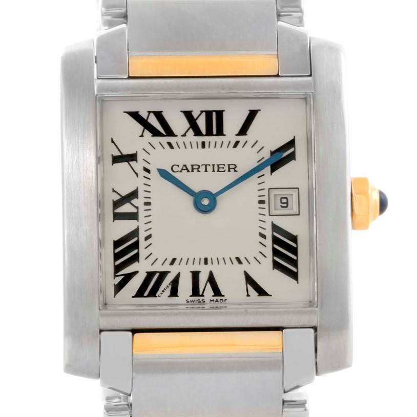 The image shows a frontal view of a Cartier Tank Francaise W51012Q4 Women's Steel and Gold (two tone) Silver Dial W51012Q4 Women's Steel and Gold (two tone) Silver Dial watch face, displaying its Roman numerals, hands, and date window.