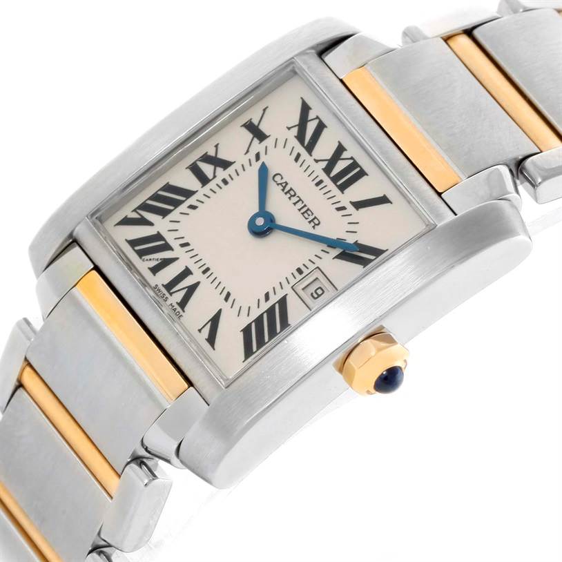 The Cartier Tank Francaise W51012Q4 Women's Steel and Gold (two tone) Silver Dial W51012Q4 Women's Steel and Gold (two tone) Silver Dial watch is shown at a slight angle, highlighting its two-tone bracelet, roman numerals, and date window.
