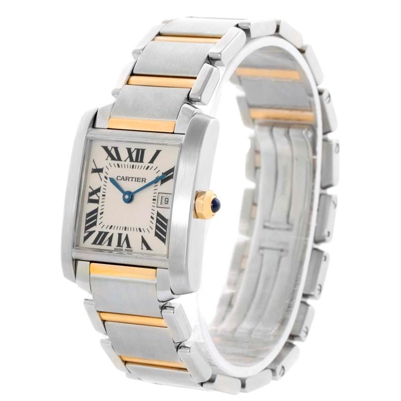 The image shows a Cartier Tank Francaise W51012Q4 Women's Steel and Gold (two tone) Silver Dial W51012Q4 Women's Steel and Gold (two tone) Silver Dial watch at a three-quarter angle, highlighting the face, crown, and metal bracelet.