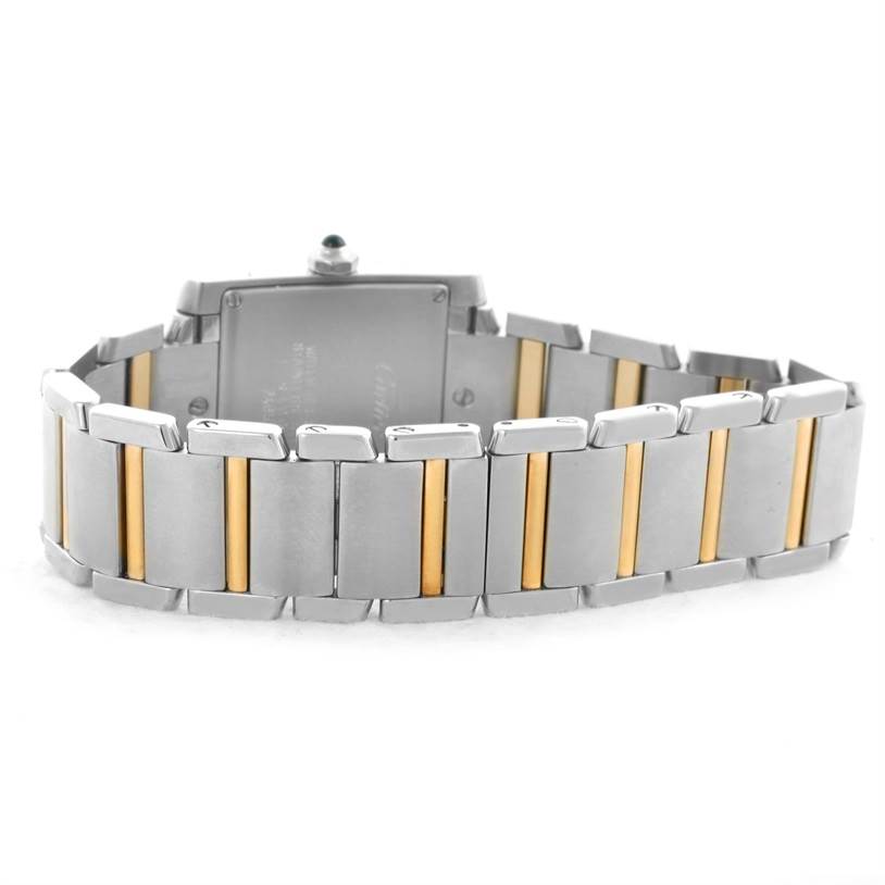 This image shows the back and bracelet of a Cartier Tank Francaise W51012Q4 Women's Steel and Gold (two tone) Silver Dial W51012Q4 Women's Steel and Gold (two tone) Silver Dial watch at an angle.