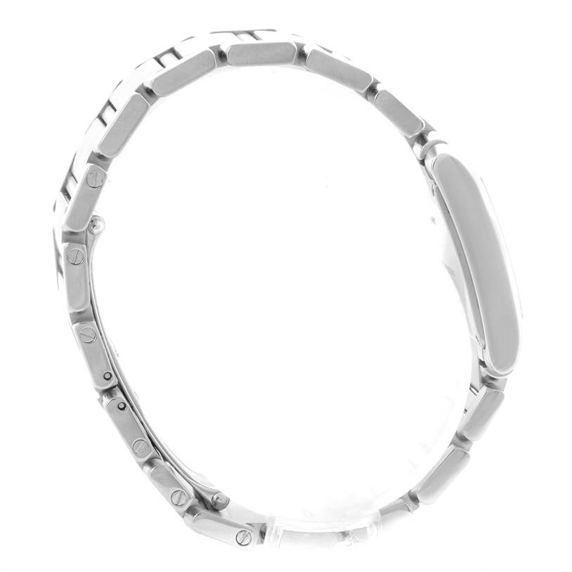 The image shows a side view of the Cartier Tank Française watch, highlighting its bracelet links and part of the case.