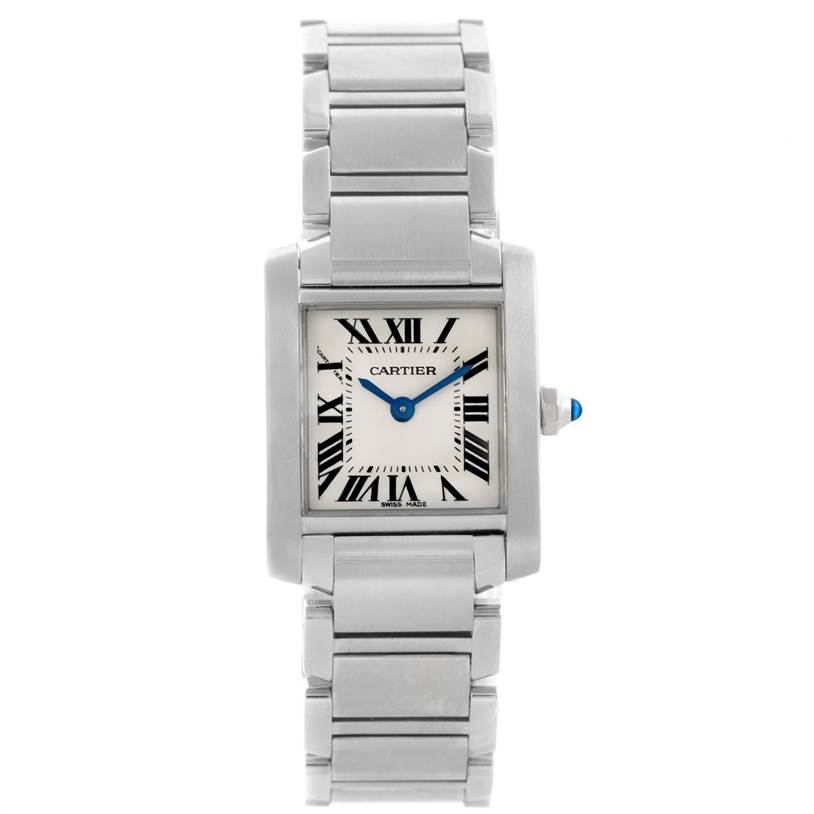 This Cartier Tank Française watch is shown from the front, highlighting its rectangular face and stainless steel bracelet.