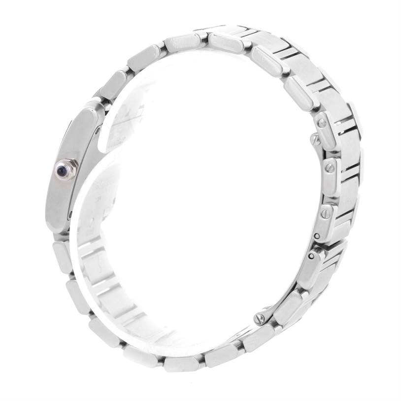 The image shows a side profile of a Tank Française model watch by Cartier, highlighting its bracelet and crown.