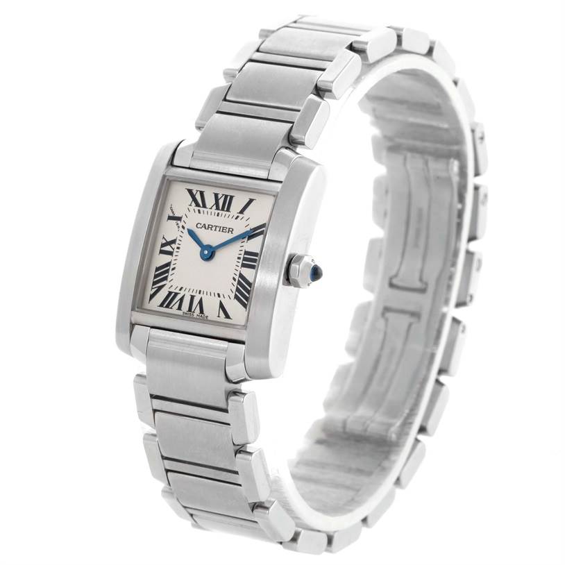 The Cartier Tank Francaise W51008Q3 Women's Stainless Steel Silver Dial W51008Q3 Women's Stainless Steel Silver Dial watch is shown at a slight angle, displaying the dial, case, crown, and metal bracelet.