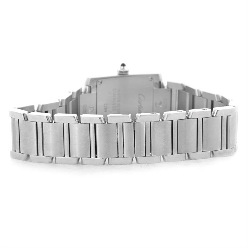 This image shows the back of a Cartier Tank Francaise W51008Q3 Women's Stainless Steel Silver Dial W51008Q3 Women's Stainless Steel Silver Dial watch, focusing on the metal bracelet and case back.