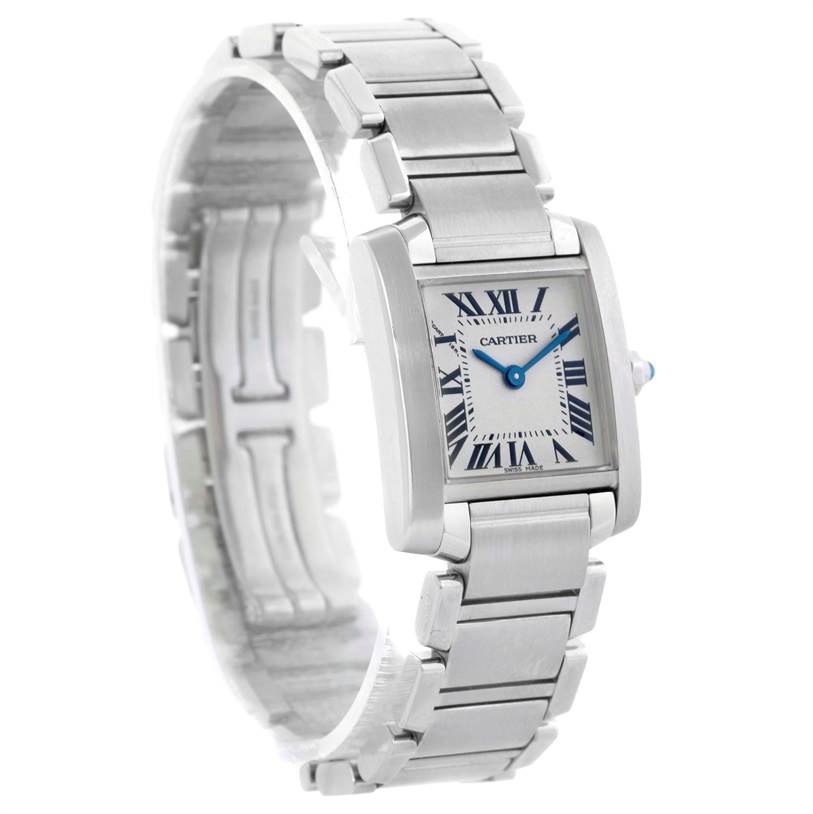 The image shows a Cartier Tank Francaise W51008Q3 Women's Stainless Steel Silver Dial W51008Q3 Women's Stainless Steel Silver Dial watch from a slight angle, highlighting its rectangular face and metal bracelet.