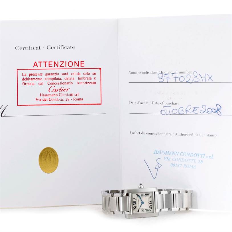 The image shows a Cartier Tank Francaise W51008Q3 Women's Stainless Steel Silver Dial W51008Q3 Women's Stainless Steel Silver Dial watch lying on its side in front of an open certificate with purchase details.