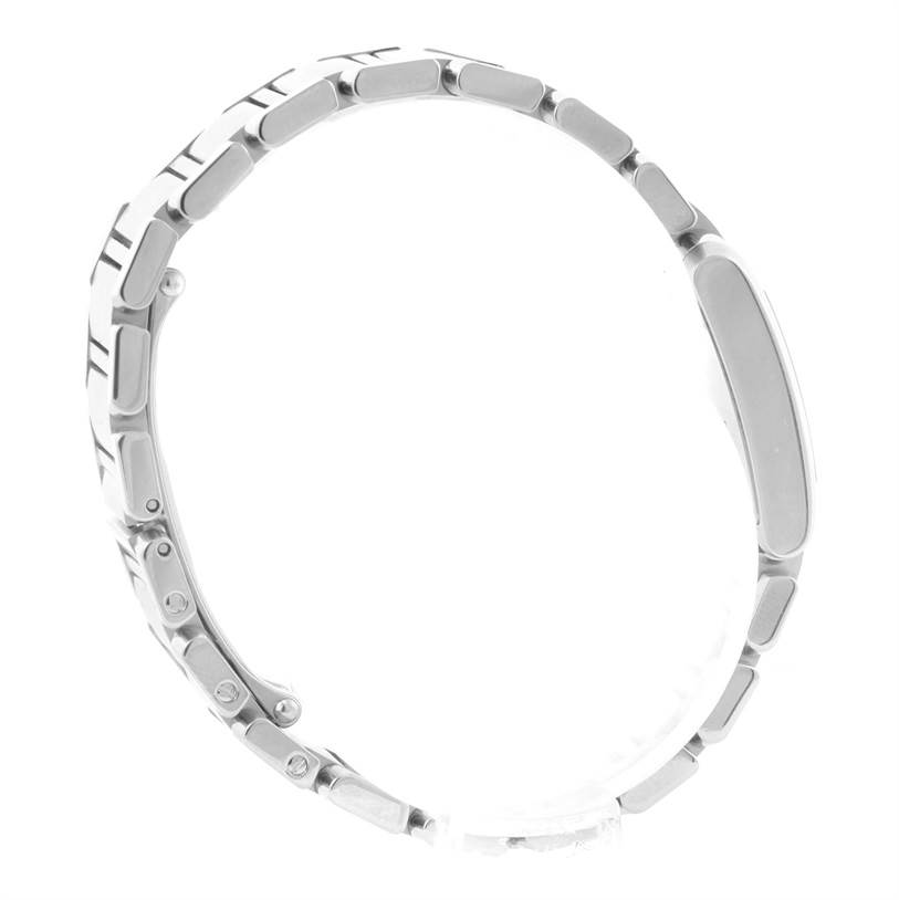 The image shows the side view of the bracelet of a Cartier Tank Française watch, highlighting its links and deployment clasp.