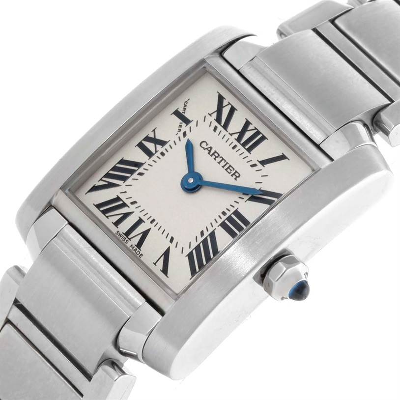 The image shows a close-up angle of the Cartier Tank Francaise W51008Q3 Women's Stainless Steel Silver Dial W51008Q3 Women's Stainless Steel Silver Dial watch, highlighting its face and part of its metal strap.