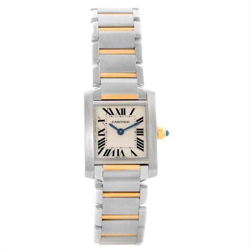 The image shows a front view of the Cartier Tank Francaise W51007Q4 Women's Steel and Gold (two tone) Silver Dial W51007Q4 Women's Steel and Gold (two tone) Silver Dial watch, highlighting its face, bracelet, and crown.