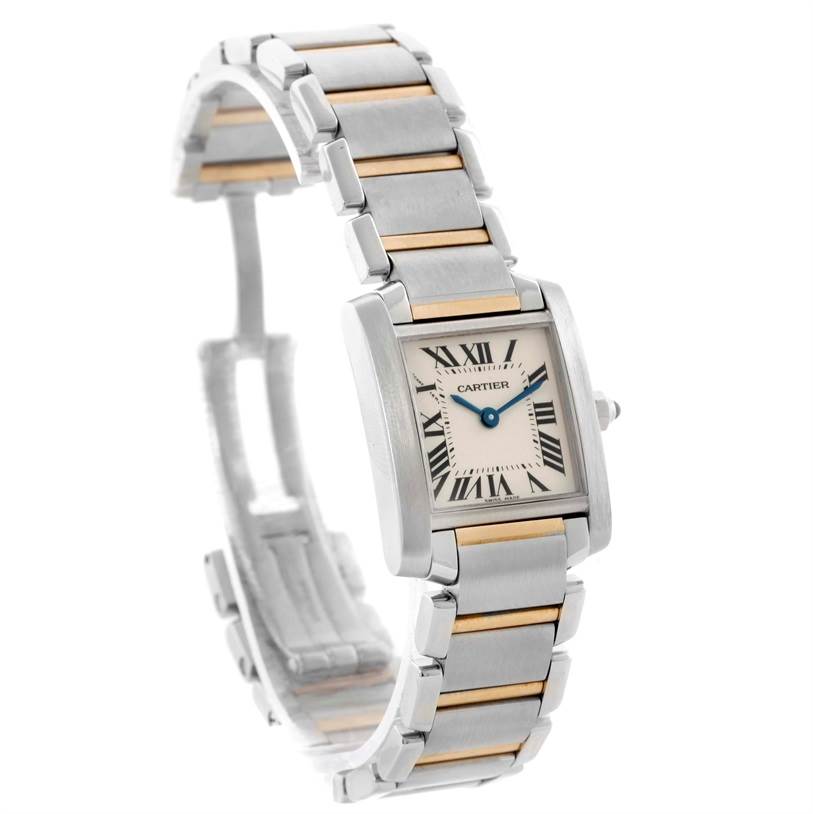 This Cartier Tank Francaise W51007Q4 Women's Steel and Gold (two tone) Silver Dial W51007Q4 Women's Steel and Gold (two tone) Silver Dial watch is shown at a three-quarter angle, highlighting its face, bracelet, and clasp.