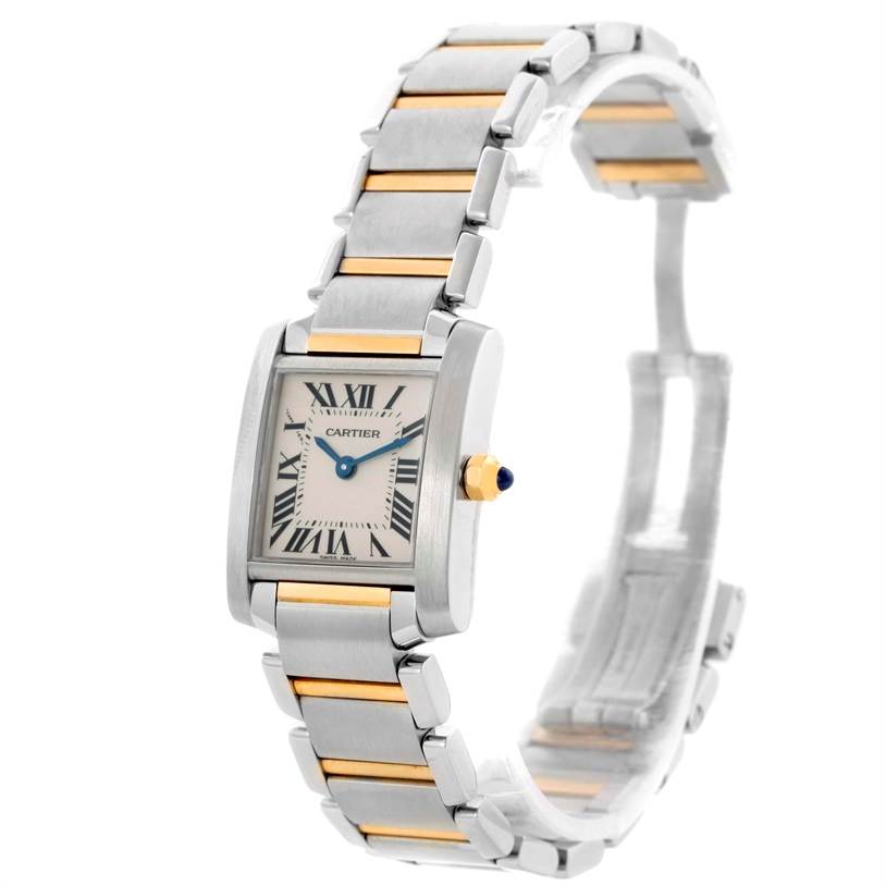 The Cartier Tank Francaise W51007Q4 Women's Steel and Gold (two tone) Silver Dial W51007Q4 Women's Steel and Gold (two tone) Silver Dial watch is shown from a front and side angle showcasing the face and part of the two-tone bracelet.