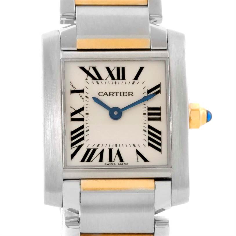 The image shows a close-up front view of the Cartier Tank Francaise W51007Q4 Women's Steel and Gold (two tone) Silver Dial W51007Q4 Women's Steel and Gold (two tone) Silver Dial watch, highlighting the dial, hands, and part of the bracelet.