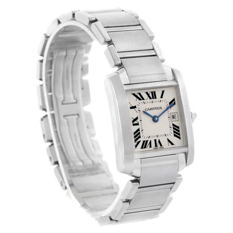 This Cartier Tank Francaise W51011Q3 Women's Stainless Steel White Dial W51011Q3 Women's Stainless Steel White Dial watch is viewed from a front angle, showcasing its rectangular face and metal bracelet.