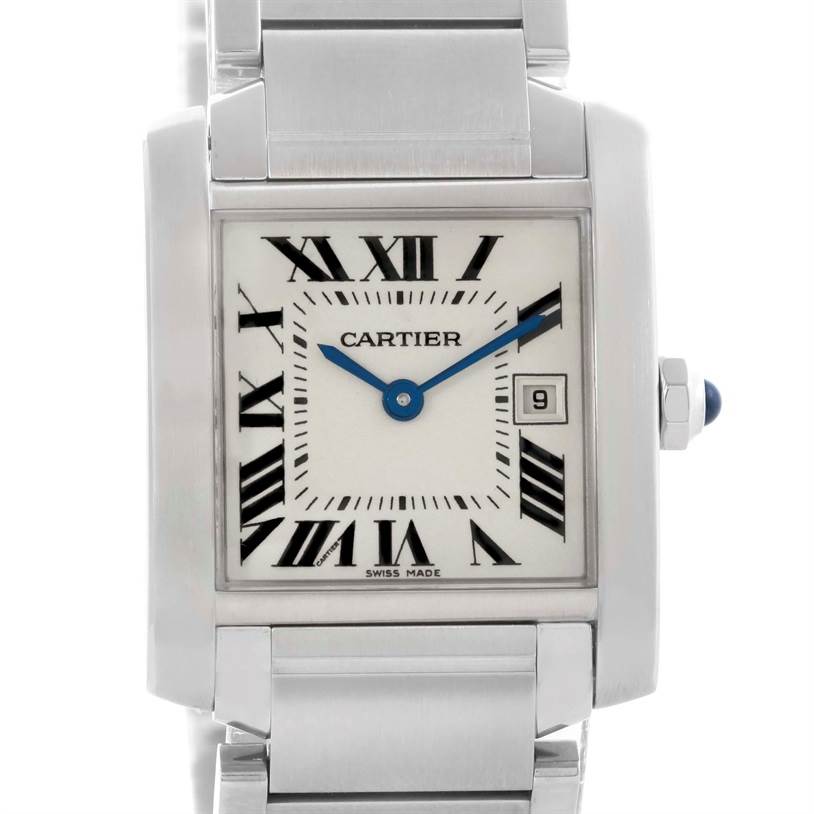 The image shows a front view of the Cartier Tank Française watch, displaying its face, bracelet, and crown.